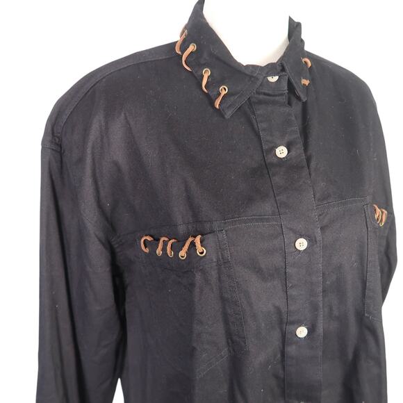 Vintage 90s KZK black western suede trim button down top L - Picture 2 of 6